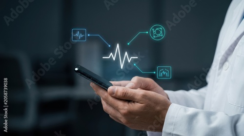Healthcare professional monitoring patient vitals via smartphone with advanced digital medical technology, telemedicine concept, data analysis, e-health solution modern technology business concept