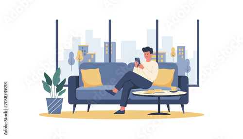 Young man using smartphone while sitting on sofa in modern living room with smartphone relaxing technology