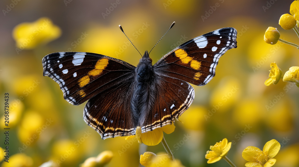 Fototapeta premium Painted lady butterfly with patterned brown and orange wings on yellow flower, butterfly