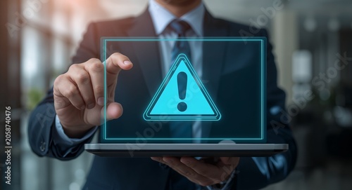 A businessman holding a virtual warning sign about business investment risks on � Financial Planning and Investment Strategy Concept for Business Growth