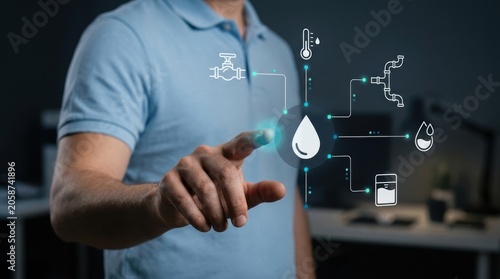 Man's hand actively touching a futuristic digital interface for smart water resource management, IoT automation, sustainable living, environmental monitoring concept modern technology business concept