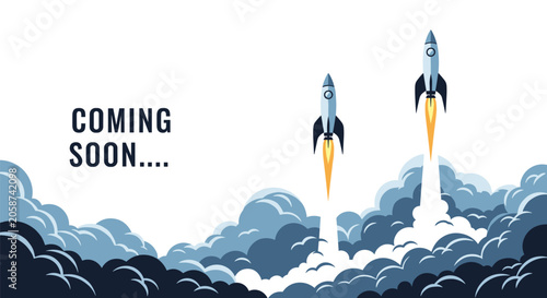 Two space rockets launching simultaneously through thick dark clouds into the sky with the text coming soon written.