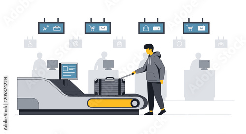 Man at Airport Security Screening, Luggage on Conveyor Belt, Digital Displays