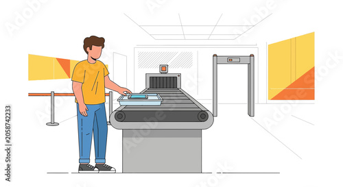 Man at airport security screening, placing tray on X-ray conveyor belt