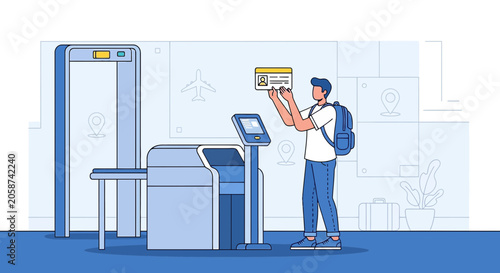 Man at airport security with boarding pass and luggage, travel concept
