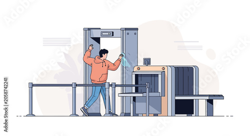 Man at airport security screening, walking through metal detector, travel concept