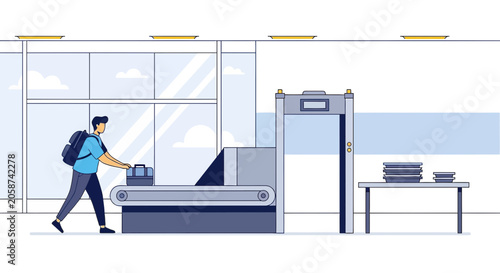 Man at airport security with luggage and X-ray scanner, travel concept.