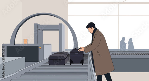 Man at airport security with luggage scanning, travel concept illustration