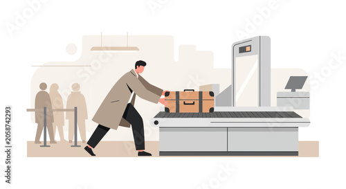 Man at airport security with luggage on X-ray scanner