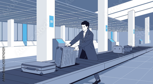 Man at airport security, baggage scanner, travel procedure, modern airport interior
