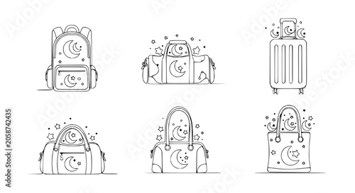 Vászonkép Whimsical Travel Luggage Collection with Moon and Stars - Hand-Drawn Icons