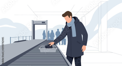 Man at airport security, placing bag in tray for x-ray scanner