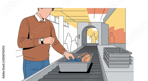 Man at airport security, placing items in tray for xray scan