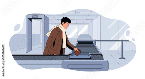 Man at airport security, placing belongings on conveyor belt for scanning