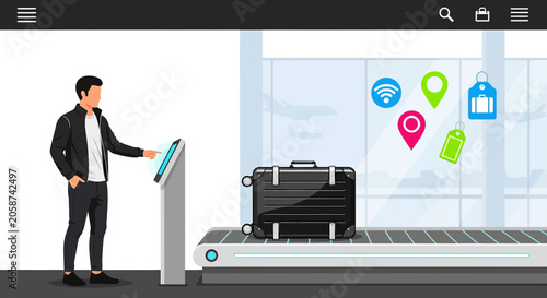 Man at Airport Self-Check-in Kiosk with Luggage on Conveyor Belt
