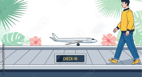 Man at Airport Check-in: Travel, Vacation, Airplane, Tropical