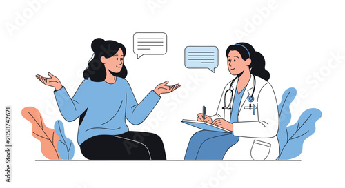 Female patient consulting with a professional doctor in a white coat while she takes notes during a medical appointment.