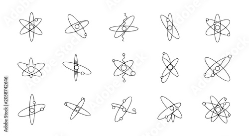 Canvastavla Hand-drawn atom models with orbiting electrons on white background