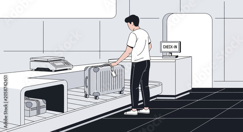 Man at airport check-in with luggage, travel concept