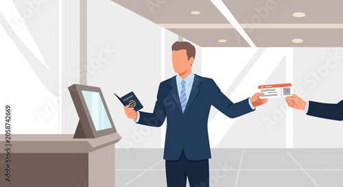 Man at Airport Check-in with Passport and Boarding Pass