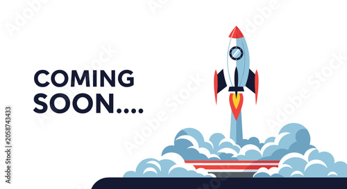 Coming soon promotional announcement featuring a cartoon space rocket launching into the sky with thick smoke clouds.