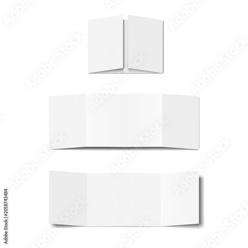 White blank three panel gate fold brochure. Vector mockup. Gatefold card front, back side. Mock-up. Leaflet, newsletter, invitation. Template for design