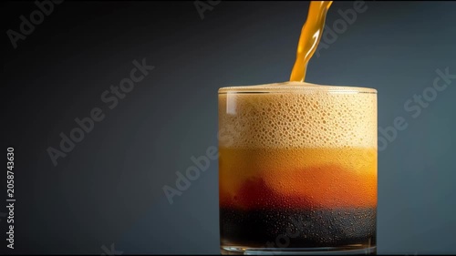 Pouring dark soda into a glass creating layers of foam and liquid