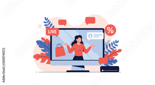 Online shopping live stream event featuring a host presenting products on a computer screen for digital commerce.