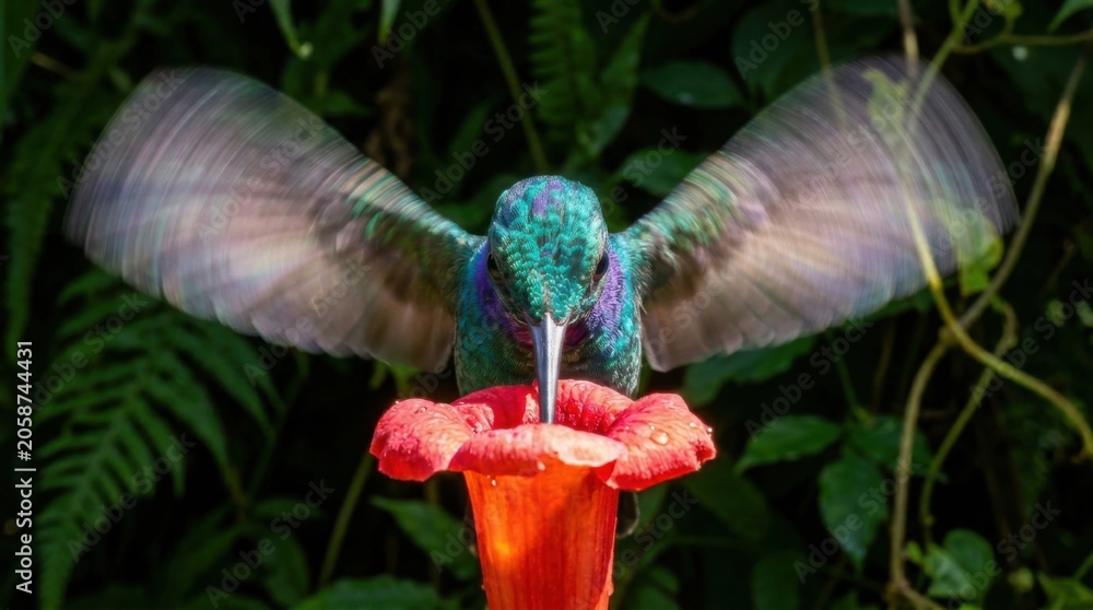 Fototapeta premium Hummingbird hovering over a flower feeder with wings spread.