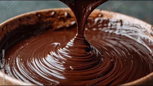 Rich, glossy dark chocolate ganache being poured into a rustic bowl