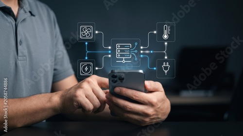 Man operating smartphone to manage a centralized server linked to smart home and IoT devices, digital transformation, network connectivity, automation technology modern technology business concept