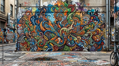 Colorful psychedelic street art mural on urban alley wall