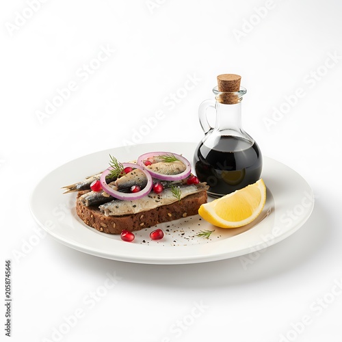 Fish toast with lemon, onion and seasoning served on bread. Healthy seafood nutrition isolated on white.