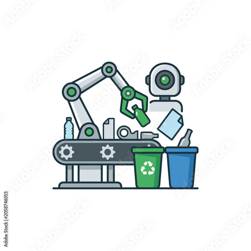 Robot arm sorts recyclables on conveyor.