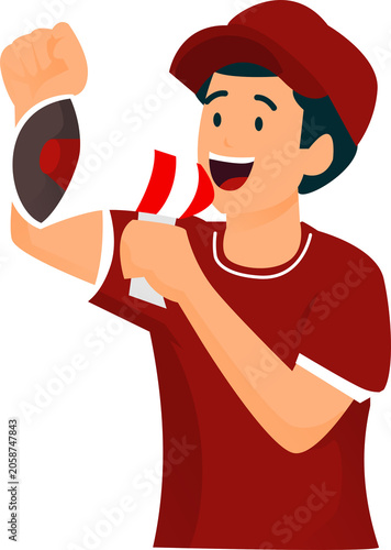 Foto Energetic red shirt person mascot with megaphone perfect for sports events, team promotions, marketing campaigns, and cheering messages