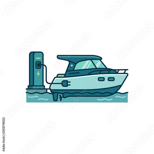 Foto Electric boat charging at dock station.