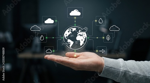 Person holding a glowing digital Earth globe connected to cloud and weather icons for global climate data monitoring, ESG compliance, environmental technology modern technology business concept
