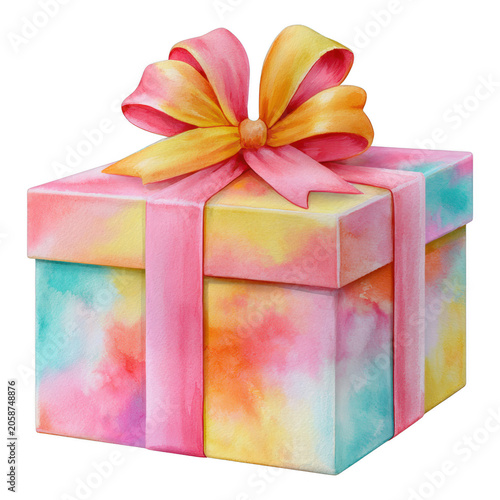 Watercolor gift box with bow, isolated on transparent background