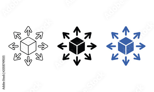 Photography Clean flat lighting icons of a cube with arrows pointing outward showing professional logistics expansion and efficiency