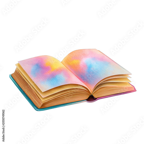 Open watercolor sketchbook with drawings, isolated on transparent background