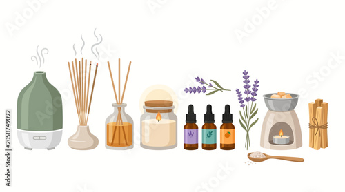 Aromatherapy and incense collection with reed diffuser, scented candle, and spa wellness elements vector illustration