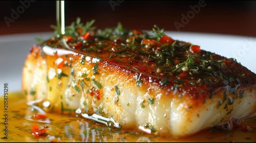 Gourmet pan-seared fish fillet with herbs and chili in a rich sauce