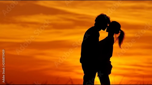 Romantic couple silhouetted against a vibrant orange sunset sky