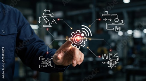 Фотография Professional's hand touching futuristic virtual gear icon connecting industrial automation, data, and manufacturing processes, industry 4