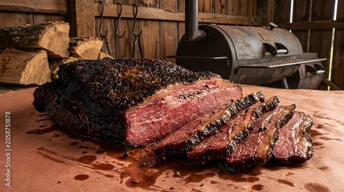 Close-up of sliced, smoked beef brisket with a dark, peppery bark, served on butcher paper in a rustic barn setting with a smoker and firewood in the background