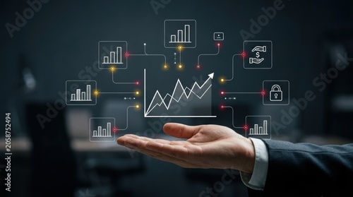 Professional's hand showcasing futuristic digital business analytics dashboard with growth charts, data management, financial security, market performance modern technology business concept