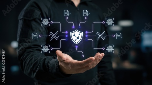 Professional holding open hand with glowing digital interface for secure data management and enterprise cybersecurity protocols, digital law compliance, biometric modern technology business concept