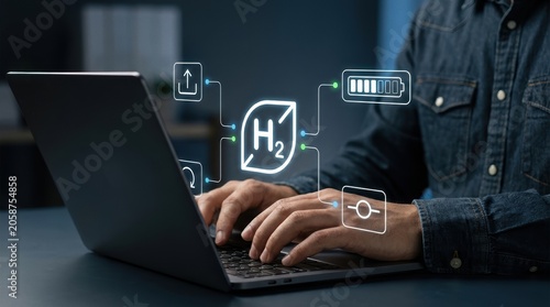 Billede på lærred Professional using laptop to manage green hydrogen energy systems and sustainabl