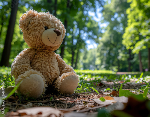 Childhood toy resting in a sunny summer park surrounded by green grass and trees. Concept of childhood memories, leisure, family lifestyle, recreation and outdoor activities.