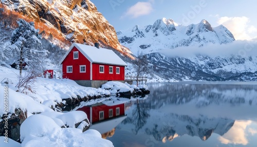 Idyllic Winter Scene - Red Cabin by Frozen Lake in Snowy Mountains.